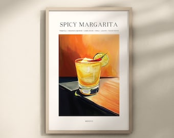 Spicy Margarita Cocktail  Print, Margarita Poster, Bar Cart Decor, Retro Drink Wall Art, Cocktaile Poster, Minimalist Alcohol Print Art