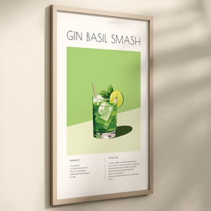 Gin Basil Smash Cocktail Print, Gin Basil Smash Poster, Mixology Decor, Bar Cart Decor, Cocktail Print,Gin Basil Smash Wall Art, Cocktaile image 3