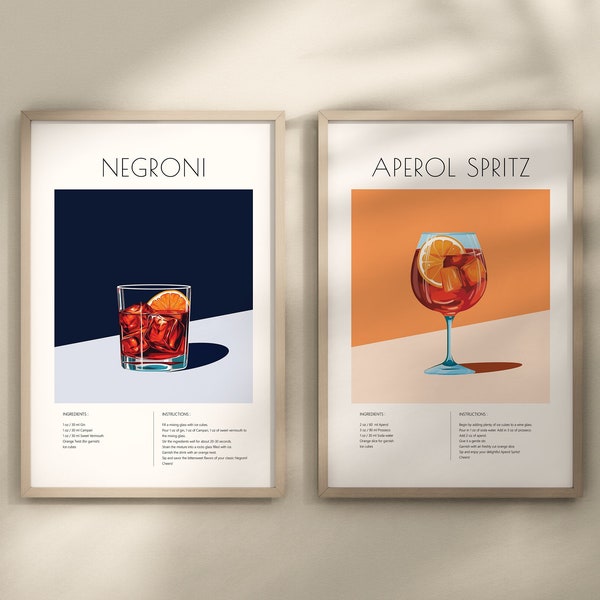 Negroni & Aperol Spritz Poster Set, Cocktail Decor, Bar Cart Decor, Cocktail Print, Wall Art, Bar Cart Wall Art, Cocktail Printable, Bundle