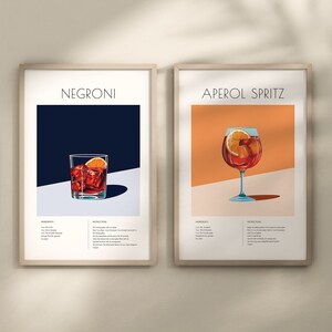 Zestaw plakatów Negroni & Aperol Spritz, dekoracja wózka barowego, wydruk przewodnika po koktajlach, sztuka ścienna, sztuka ścienna wózka barowego, wydruk koktajli, wydruki aperitivo