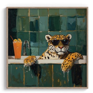 Impresión de arte digital de jaguar en la bañera, póster divertido de gato grande con cóctel, arte de pared peculiar para baño, decoración de spa relajante, pintura de animales de la jungla