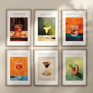 6 Popular Cocktail Prints, Cocktails Printable, Bar Cart Decor, Cocktail Print, Wall Art, Bar Cart Wall Art, Famous Classic Drinks