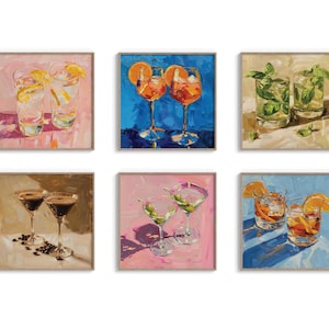 Set mit 6 Cocktail-Drucken, Ausdrucke berühmter klassischer Getränke, künstlerisches Cocktail-Dekor, Barwagen-Dekor, Barwagen-Wandkunst