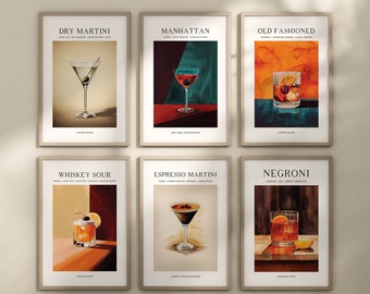 6 klassieke cocktailprints, digitaal decor barwagen, mixologiekunst aan de muur, afdrukbare set vintage drankjesposters