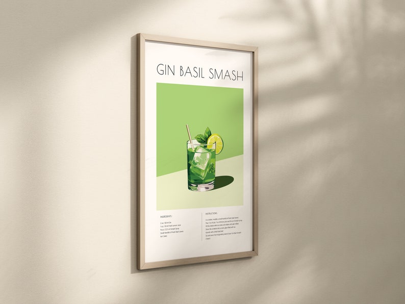 Gin Basil Smash Cocktail Print, Gin Basil Smash Poster, Mixology Decor, Bar Cart Decor, Cocktail Print,Gin Basil Smash Wall Art, Cocktaile image 3