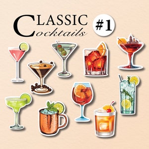 10 adesivi per cocktail Pacchetto di 10 adesivi per cocktail famosi Adesivi in vinile, regalo alcolico Negroni Art Aperol Spritz Gin Tonic Moscow Mule