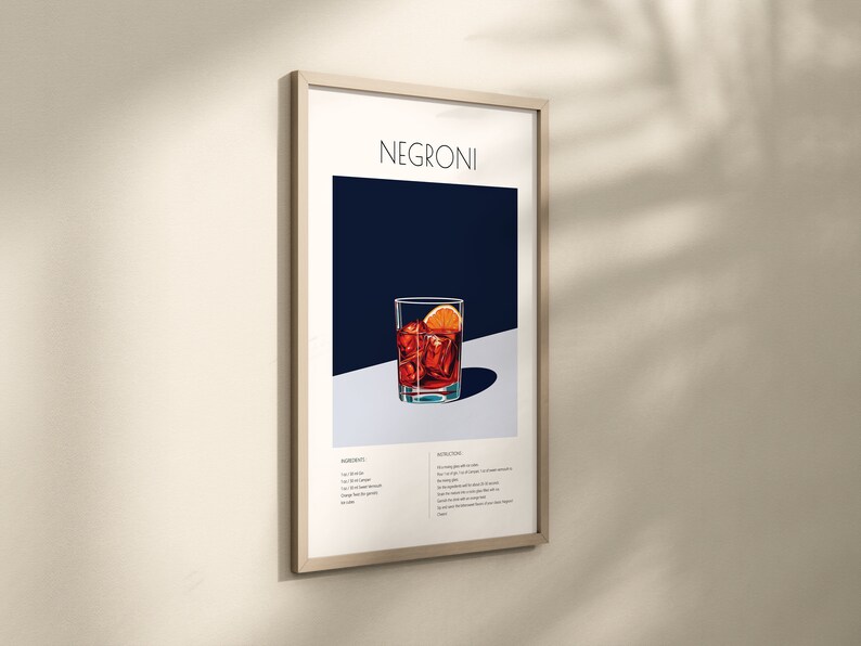 May include: A framed poster with a minimalist illustration of a Negroni cocktail. The poster has a blue background with a white bar and a glass of Negroni with an orange slice. The poster includes the ingredients and instructions for making a Negroni.