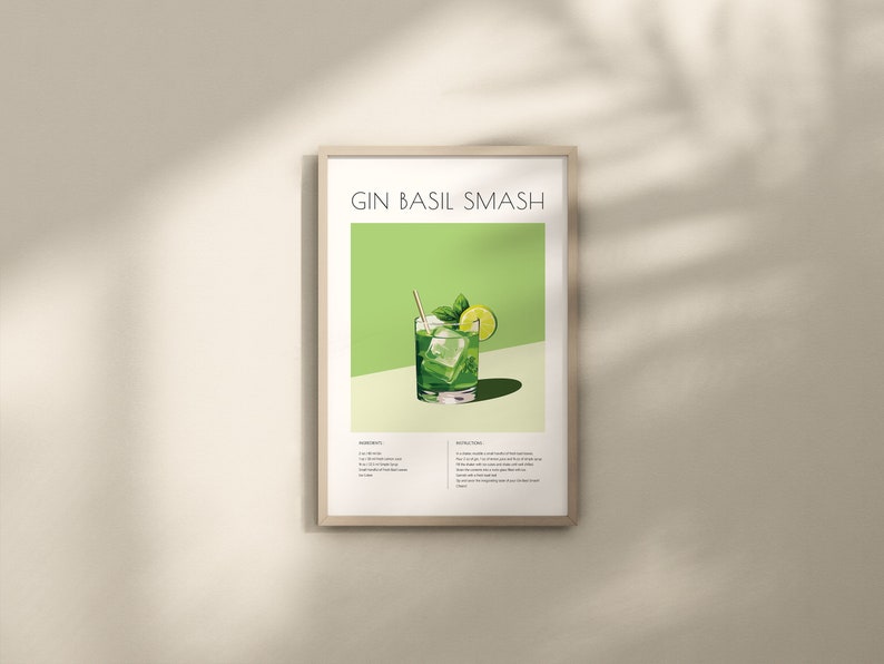 Gin Basil Smash Cocktail Print, Gin Basil Smash Poster, Mixology Decor, Bar Cart Decor, Cocktail Print,Gin Basil Smash Wall Art, Cocktaile image 1