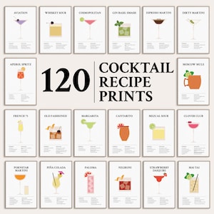 Könnte beinhalten: Eine Sammlung von 120 Cocktail-Rezeptdrucken mit minimalistischen Illustrationen verschiedener Getränke wie Aviation, Whiskey Sour und Margarita. Jeder rechteckige Druck zeigt den Namen, eine Grafik und die Zutatenliste.