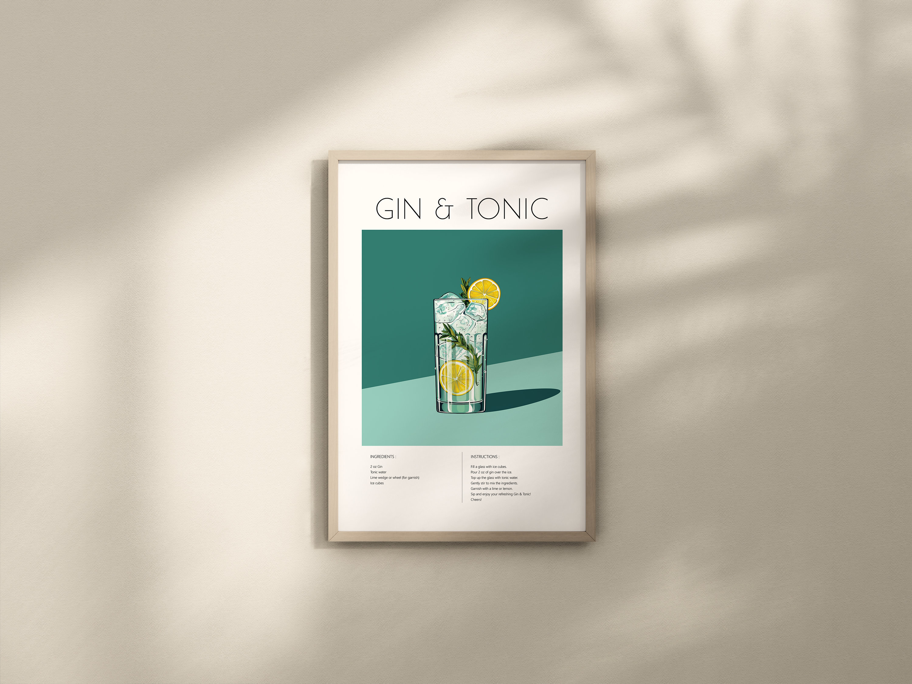 Gin & Tonic Cocktail Poster, Digital Cocktail Recipe Print, Bar Cart Decor, Kitchen + Bar Prints, Gin Wall Art, Mixology Art Print