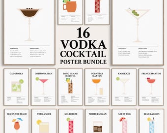 Bundel wodkacocktailposters, top 16 illustratieve recepten voor wodkadrankjes, minimalistische barwagenafdrukken, digitale download kunst aan de muur