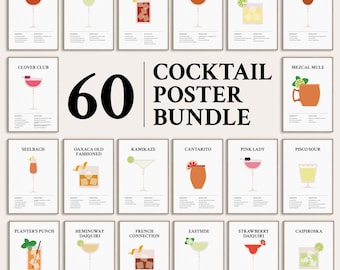 60 illustratieve prints voor cocktailrecepten, barmanklassiekers en moderne ambachtelijke drankjes, afdrukbaar bardecor, digitale download