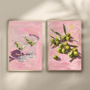 Martini Olive Wall Art Set, Digital Bar + Kitchen Prints, Retro Kitchen Decor, Cocktail Illustration Poster, Martini Oil Style Painting