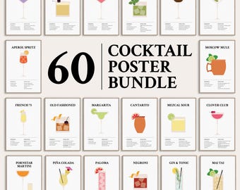 60 illustratieve cocktailposters set, Crowd Pleaser drankje recept wordt afgedrukt, illustratieve barwagen wordt afgedrukt, Instant Download kunst
