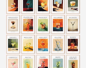 20 cocktailposterset, digitale barwagen kunst aan de muur, afdrukbare klassieke drankjes, mixologiedecor, retro cocktailbundel