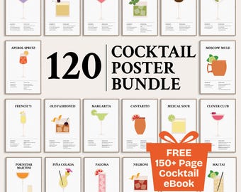 120 set cocktailposters, illustratieve prints met cocktailrecepten, minimalistische barwagen en keukendecor, kunst direct downloaden