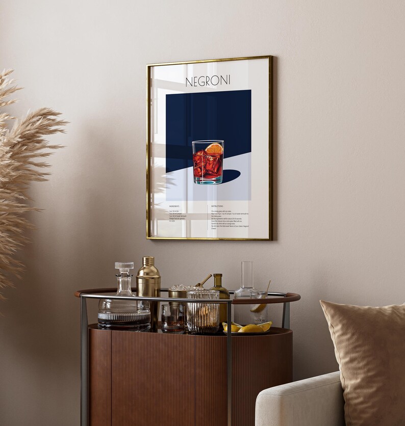Negroni Cocktail Print, Gin Bar Cart Wall Art, Printable Cocktail Recipe Poster, Home Bar Decor Gift image 3
