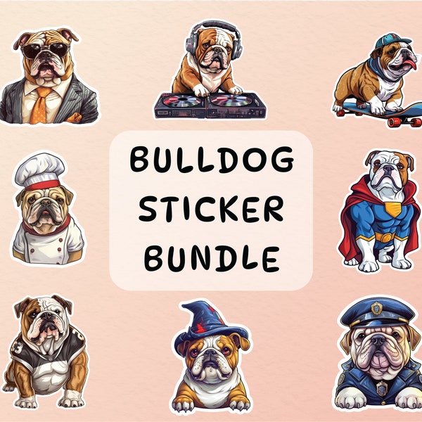 8 English Bulldog Sticker, Bundle of 8 Vinyle Stickers, English Bulldog,Phone Casing Sticker Cute-Pet Sticker, Bull doge Artful Sticker