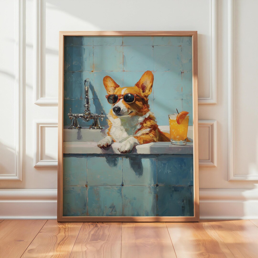 Corgi in Bathtub Art, Funny Corgi Wall Decor, Corgi Mom Gift, Cute