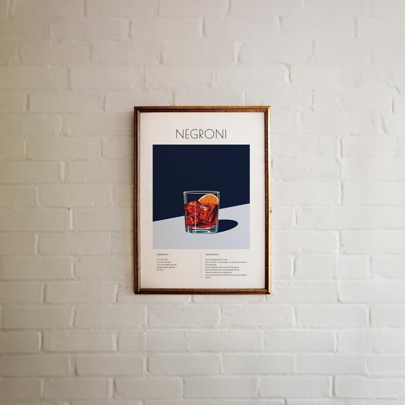 Negroni Cocktail Print, Gin Bar Cart Wall Art, Printable Cocktail Recipe Poster, Home Bar Decor Gift image 9