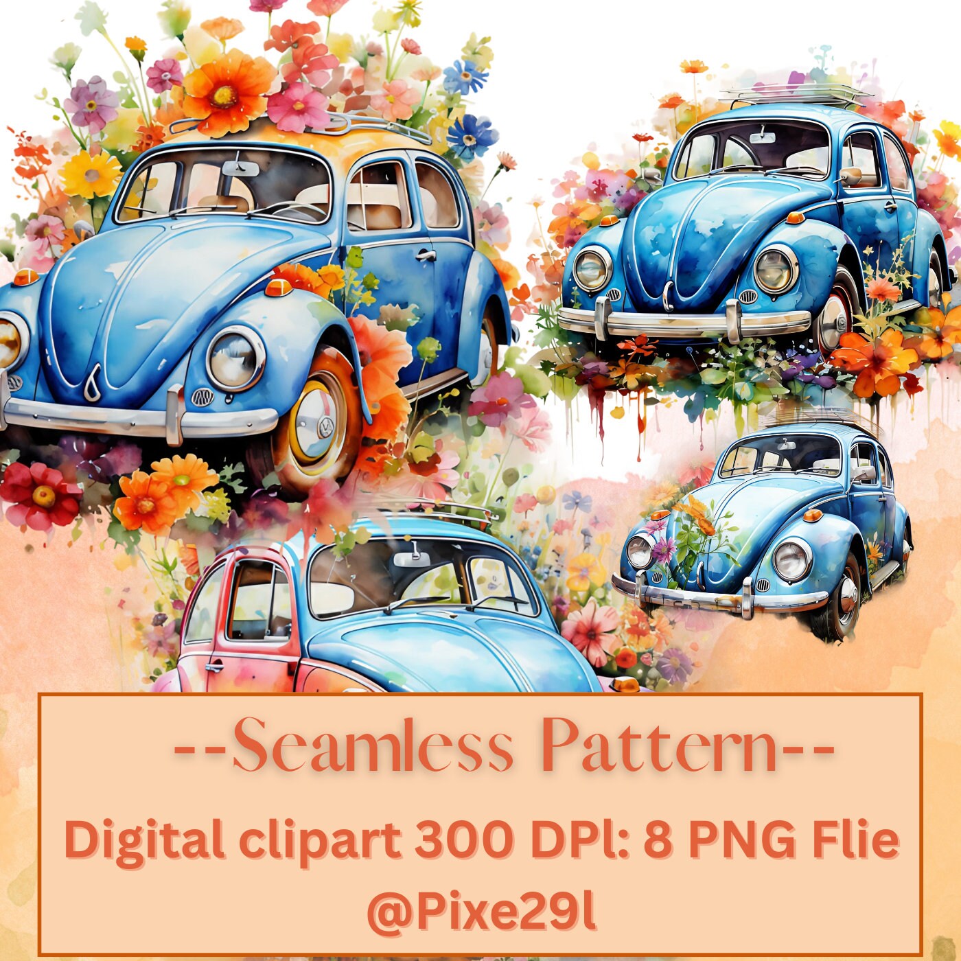 Watercolour Vw Beatle Digital Clipart Etsy