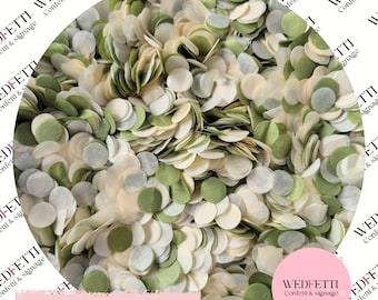 May include: A close-up shot of a pile of round confetti in shades of deep sage green, ivory, and white. The confetti is scattered, creating a textured and layered effect. The text "Deep Sage Ivory" is at the bottom.