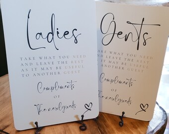 Wedding signs x2 - bathroom compliments signs + 2 x stands
