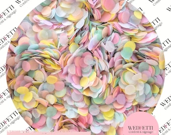 May include: A close-up of a pile of pastel-colored confetti. The confetti is a mix of pink, yellow, green, and white, with a round shape. The text "Pastel Party + white" is visible at the bottom.