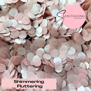 May include: A close-up shot of a pile of pink and white confetti. The confetti is round and scattered, with the text "Shimmering Fluttering" at the bottom. A pink circle with the text "Slow Falling Confetti" is in the upper right.