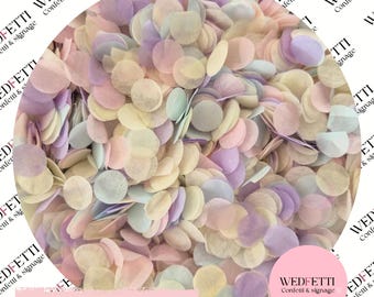 May include: A close-up of pastel-colored confetti in shades of pink, yellow, purple, and green. The confetti is round and scattered, with the word "Pastels" in a pink rectangle at the bottom.