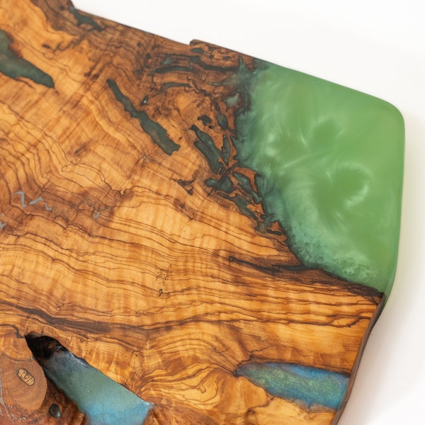 Raw Edges Floating Olive Wood Shelf with Green Epoxy Detailed, Boho Living Room Decor