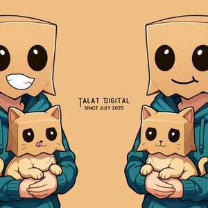 May include: Illustration of two figures wearing paper bag masks with large eyes, holding cat-shaped figures. The figures are wearing teal hoodies. The image has the text "TALAT DIGITAL SINCE JULY 2025" on a tan background.