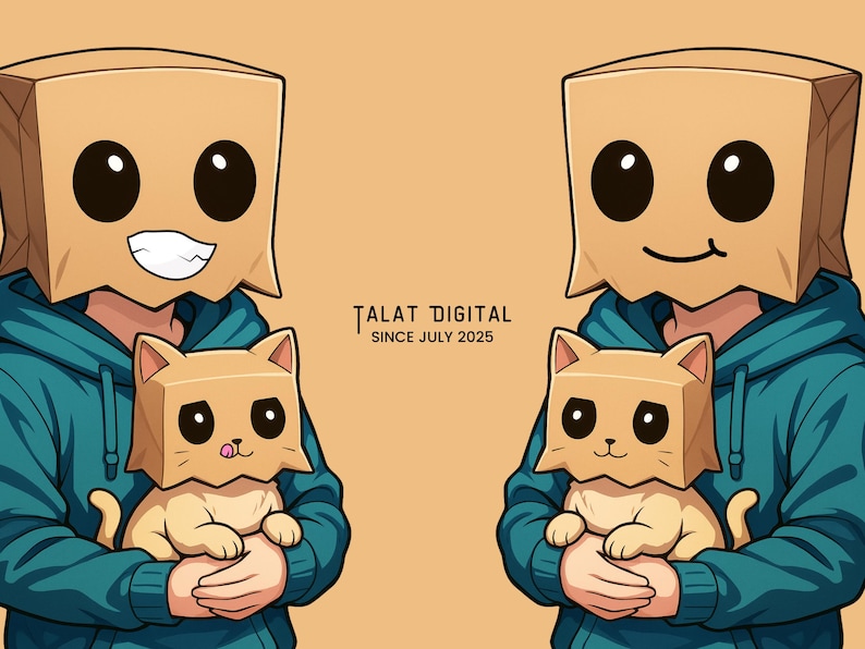 May include: Illustration of two figures wearing paper bag masks with large eyes, holding cat-shaped figures. The figures are wearing teal hoodies. The image has the text "TALAT DIGITAL SINCE JULY 2025" on a tan background.