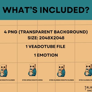 May include: Digital art bundle with four PNG files, a VeadoTube file, and one emotion. The image features a cartoon character with a paper bag head holding a smaller character. The text includes "WHAT'S INCLUDED?" and "TALAT DIGITAL SINCE JULY 2025."