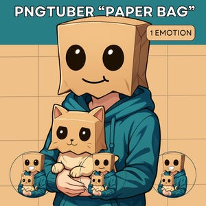 May include: Digital illustration of a person wearing a paper bag mask and a blue hoodie, holding a paper bag cat. The image includes the text "PNGTUBER 'PAPER BAG'" and "1 EMOTION". Additional smaller images of the character are also present.