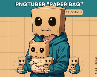 Puede incluir: Ilustración digital de una persona con una máscara de bolsa de papel y una sudadera con capucha azul, sosteniendo un gato de bolsa de papel. La imagen incluye el texto "PNGTUBER 'PAPER BAG'" y "1 EMOTION". También hay imágenes más pequeñas adicionales del personaje.