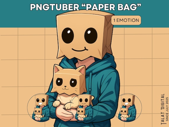 Cute Paper Bag PNGTuber with A Cute Cat  Premade Veadotube Avatar Kawaii Bag-Head VTuber PNG Instant Download for Twitch & YouTube