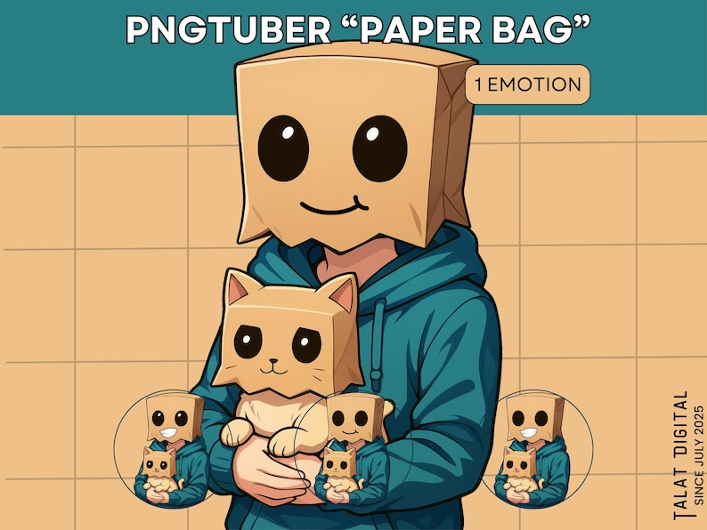 May include: Digital illustration of a person wearing a paper bag mask and a blue hoodie, holding a paper bag cat. The image includes the text "PNGTUBER 'PAPER BAG'" and "1 EMOTION". Additional smaller images of the character are also present.