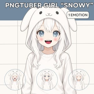 May include: Digital illustration of a girl with white hair and blue eyes wearing a white bunny hoodie and sweater. The image includes the text "PNGTUBER GIRL 'SNOWY'" and "1 EMOTION". The bottom of the image shows three smaller versions of the girl.