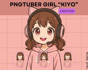 May include: Digital illustration of a cartoon girl with brown hair wearing a pink hoodie and headphones with a microphone. The image includes the text "PNGTUBER GIRL 'KIYO'" and "1 EMOTION". The background is a grid pattern.