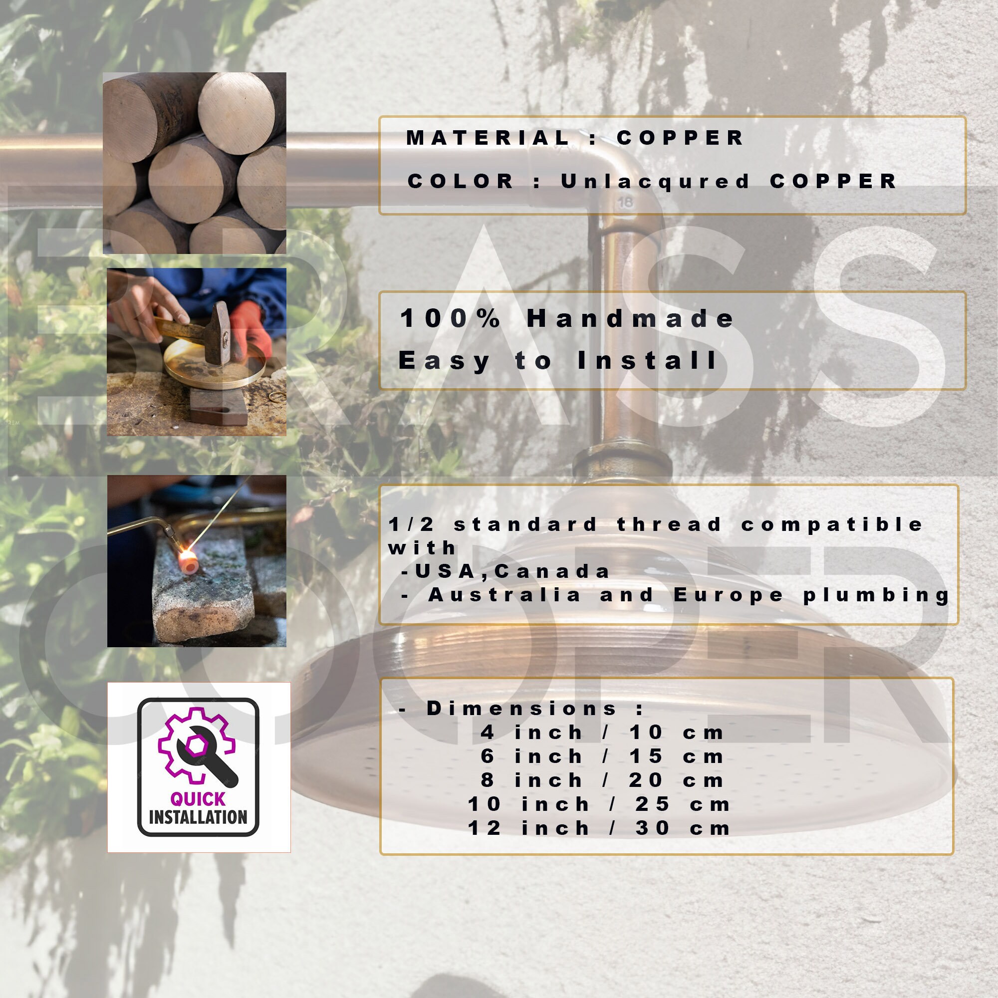 Unlacquered Copper Shower Head, Ceiling Shower Head, Vintage Copper