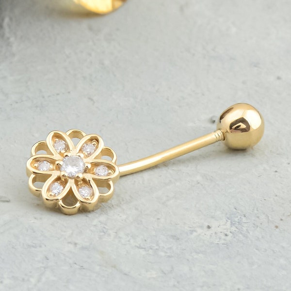 14K Gold Belly Button Ring, Diamond Navel Piercing Jewellery, Dainty Belly Button Piercing, Real Diamond Tiny Flower Design Piercing