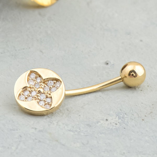 Solid Gold Belly Button Ring, Diamond Navel Piercing Jewellery, Dainty Belly Button Piercing, Real Diamond Tiny Round Design Piercing