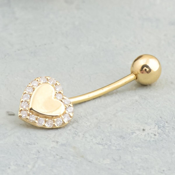 Solid Gold Belly Button Ring, Diamond Navel Piercing Jewellery, Dainty Belly Button Piercing, Real Diamond Tiny Heart Design Piercing