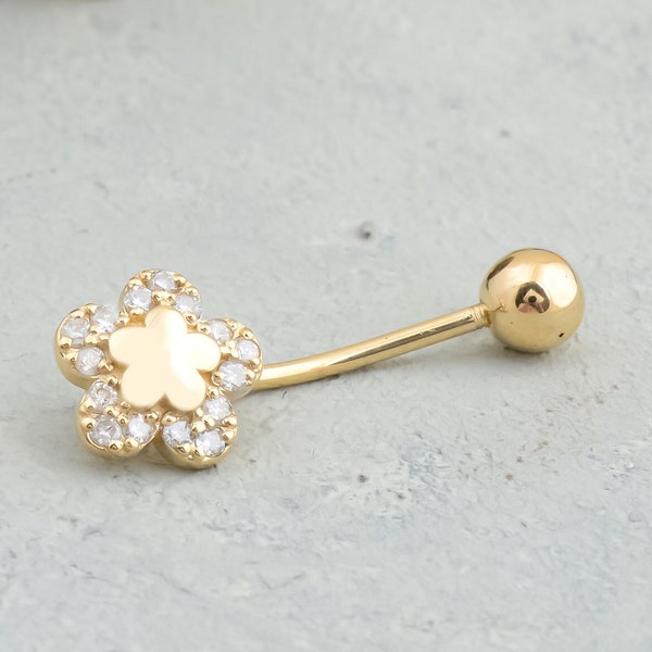 Solid Gold Belly Button Ring, Diamond Navel Piercing Jewellery, Dainty Belly Button Piercing, Real Diamond Tiny Round Design Piercing