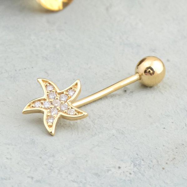 14K Solid Gold Belly Button Ring, Diamond Navel Piercing Jewellery, Dainty Belly Button Piercing, Real Diamond Tiny Star Design Piercing