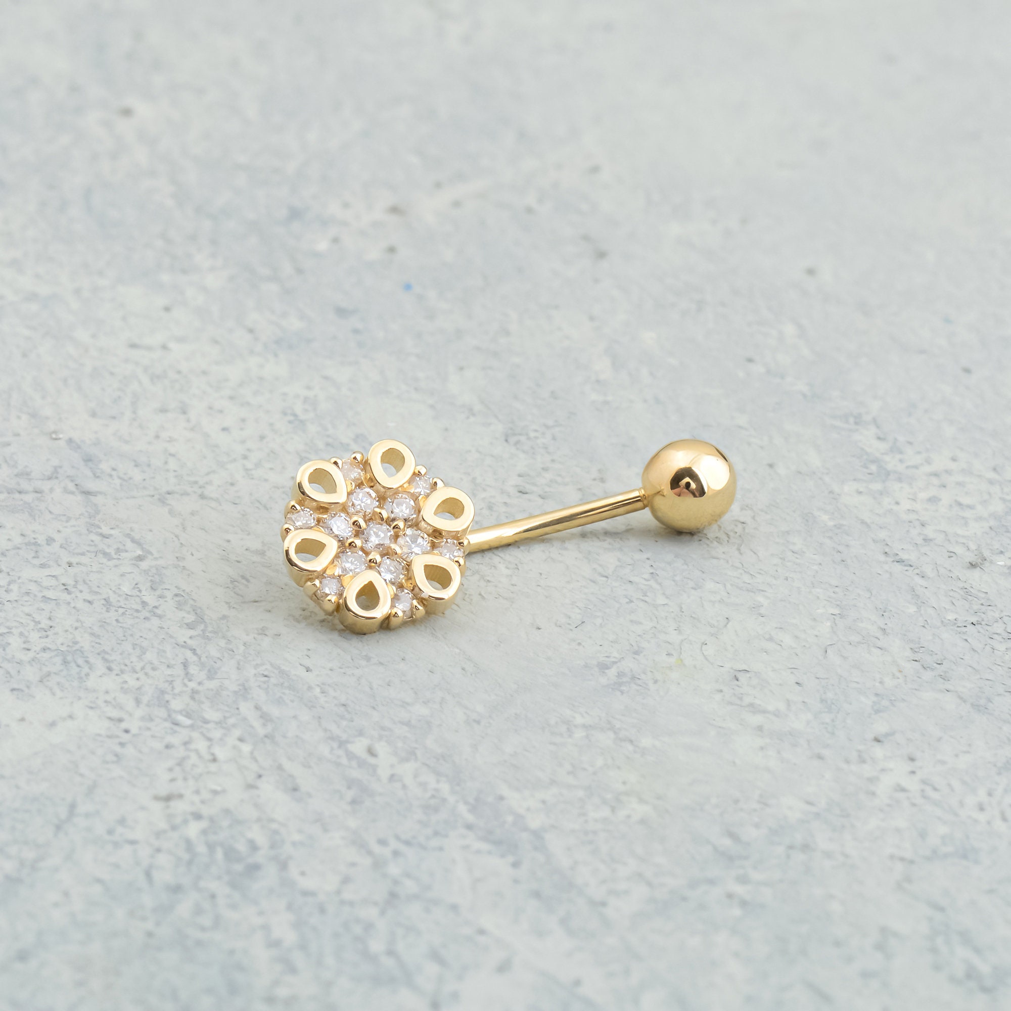 14K Solid Gold Belly Button Ring, Diamond Navel Piercing Jewellery