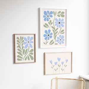 Sky Blue Floral Wall Art Set of 3, Minimal Botanical Prints, Pastel Nursery Wall Decor, Abstract Light Blue Flower Art, Printable Wall Set
