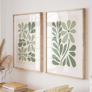Sage Green Botanical Poster, Pastel Aesthetic Floral Wall Art, Boho Flower Printable Art, Set of 2 Abstract Floral Poster, Instant Download