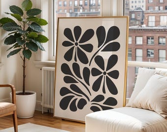 Dark Bohemian Flower Poster, Black Beige Floral Printable Wall Art, Modern Nordic Prints, Moody Botanical Art, Boho Neutral Floral Print